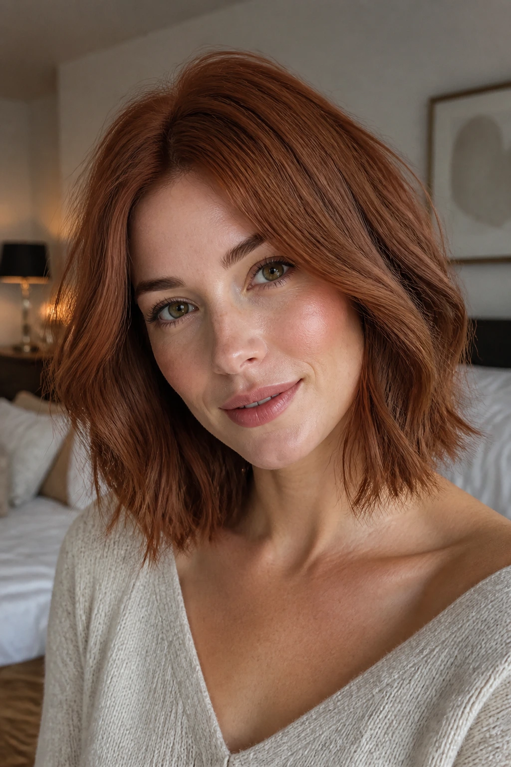 Close-up of a real woman with shoulder-skimming auburn lob and blunt ends