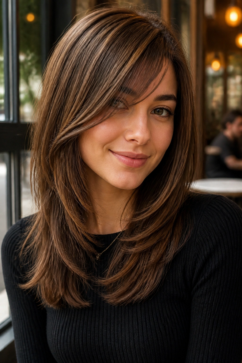 Woman with shoulder-skimming side bangs and long front layers