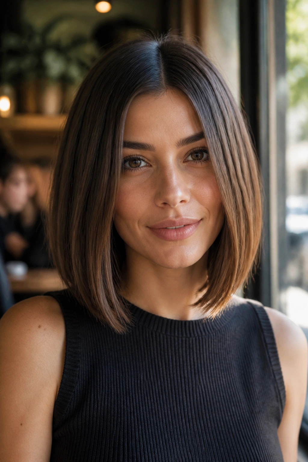 Close-up of a real woman with shoulder-skimming center-part bob in cafe daylight