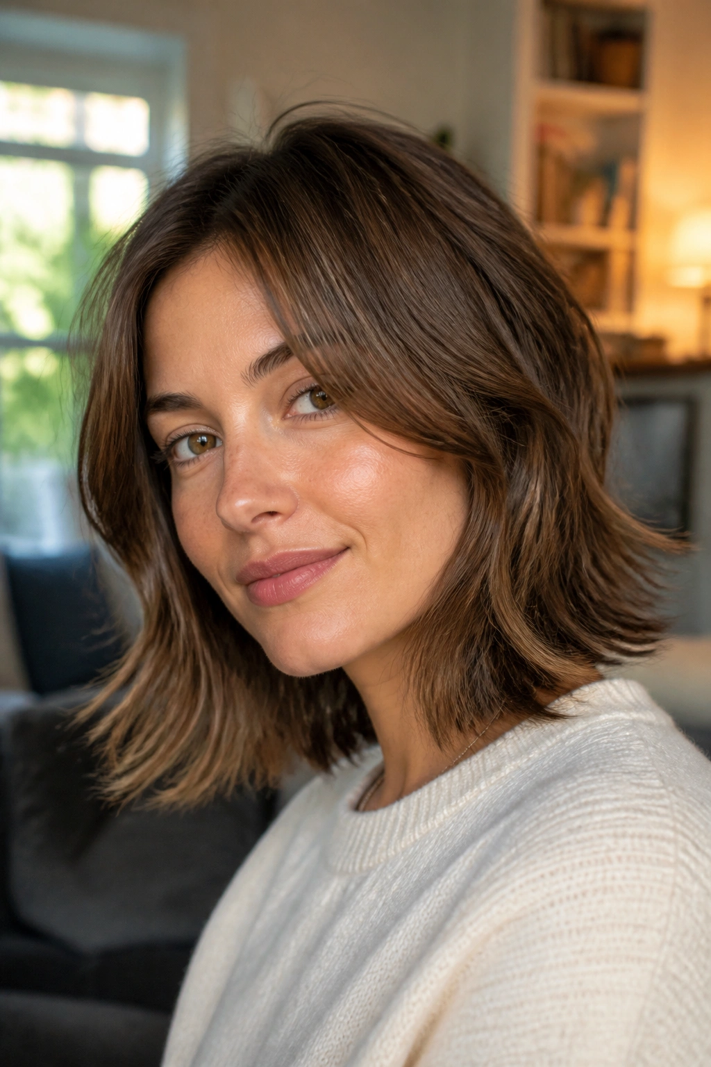 Close-up of real woman with shoulder-skimming cut and feathered ends in warm natural light