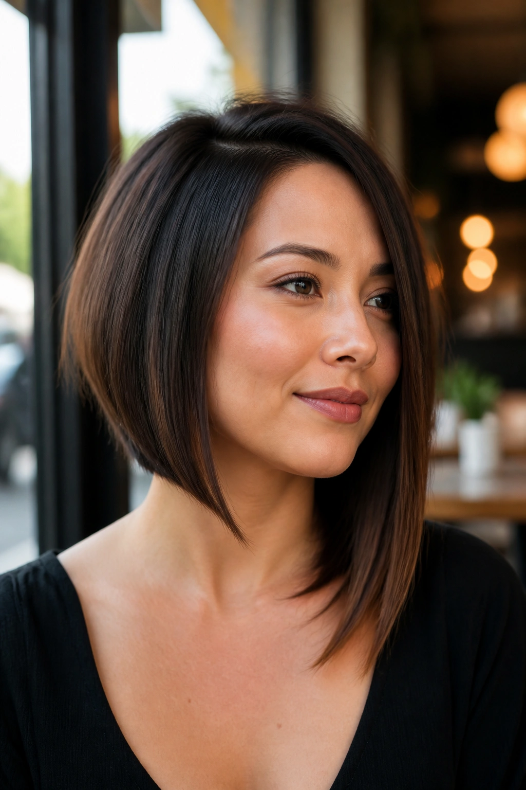 Close-up portrait of a real woman with shoulder-skimming A-line lob