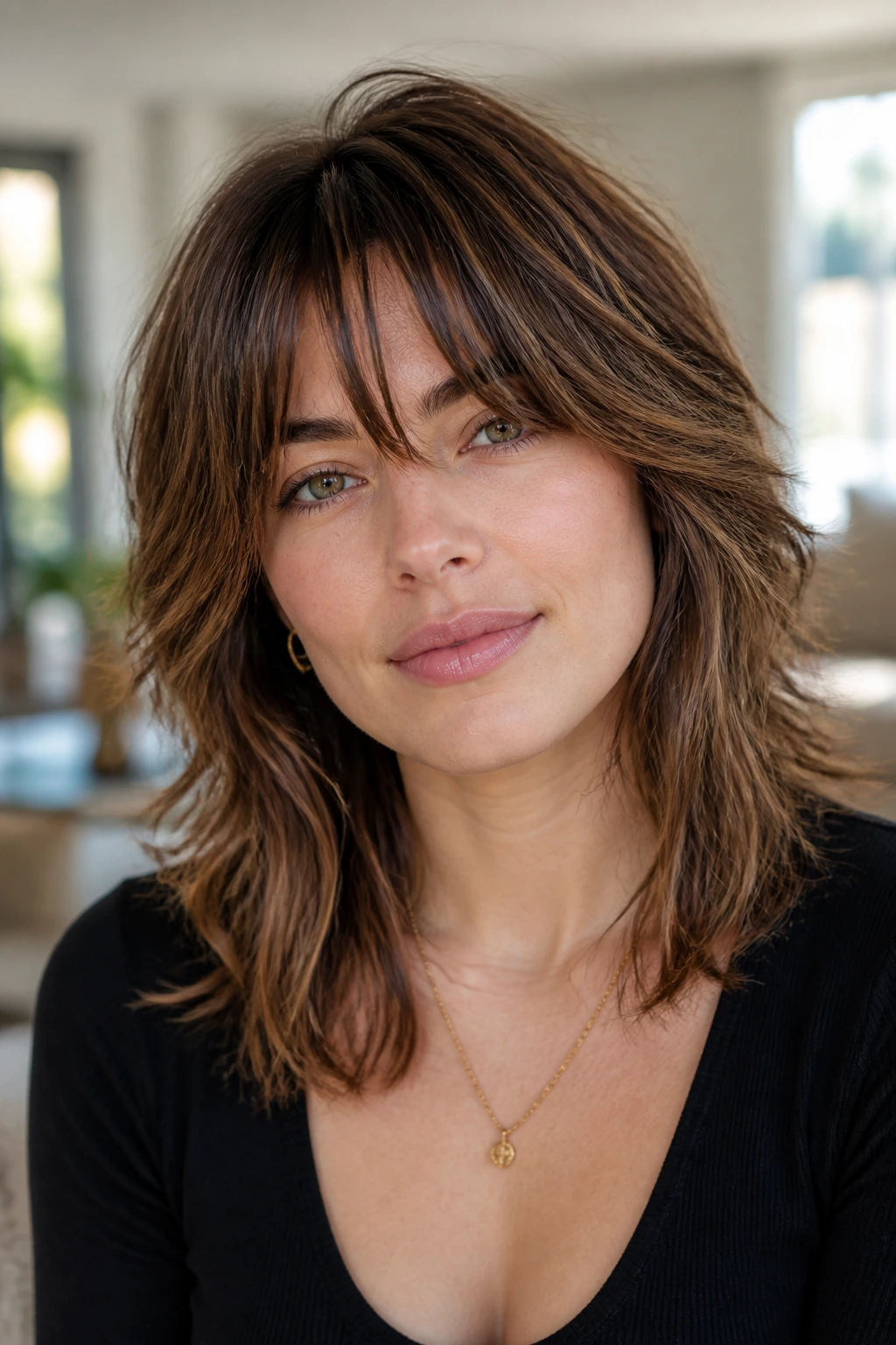 Close-up portrait of a real woman with shoulder-skimming shag and disconnected layers.