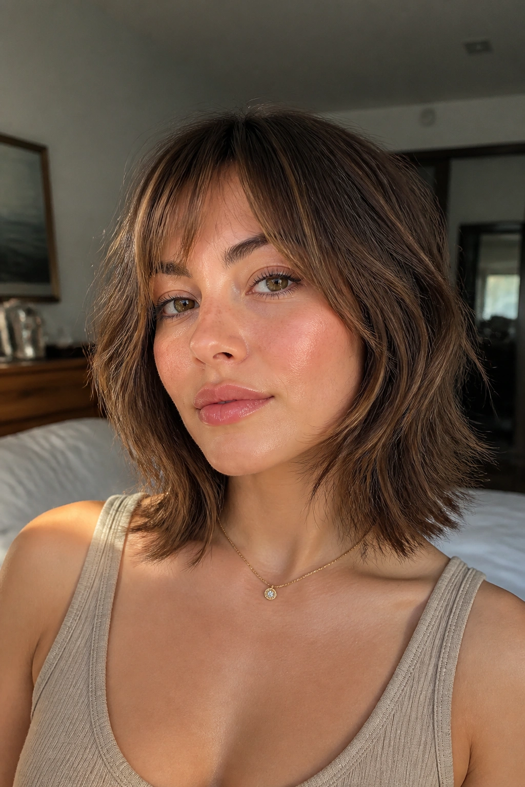 Close-up portrait of a real woman with a shoulder-skimming shag around the jawline.