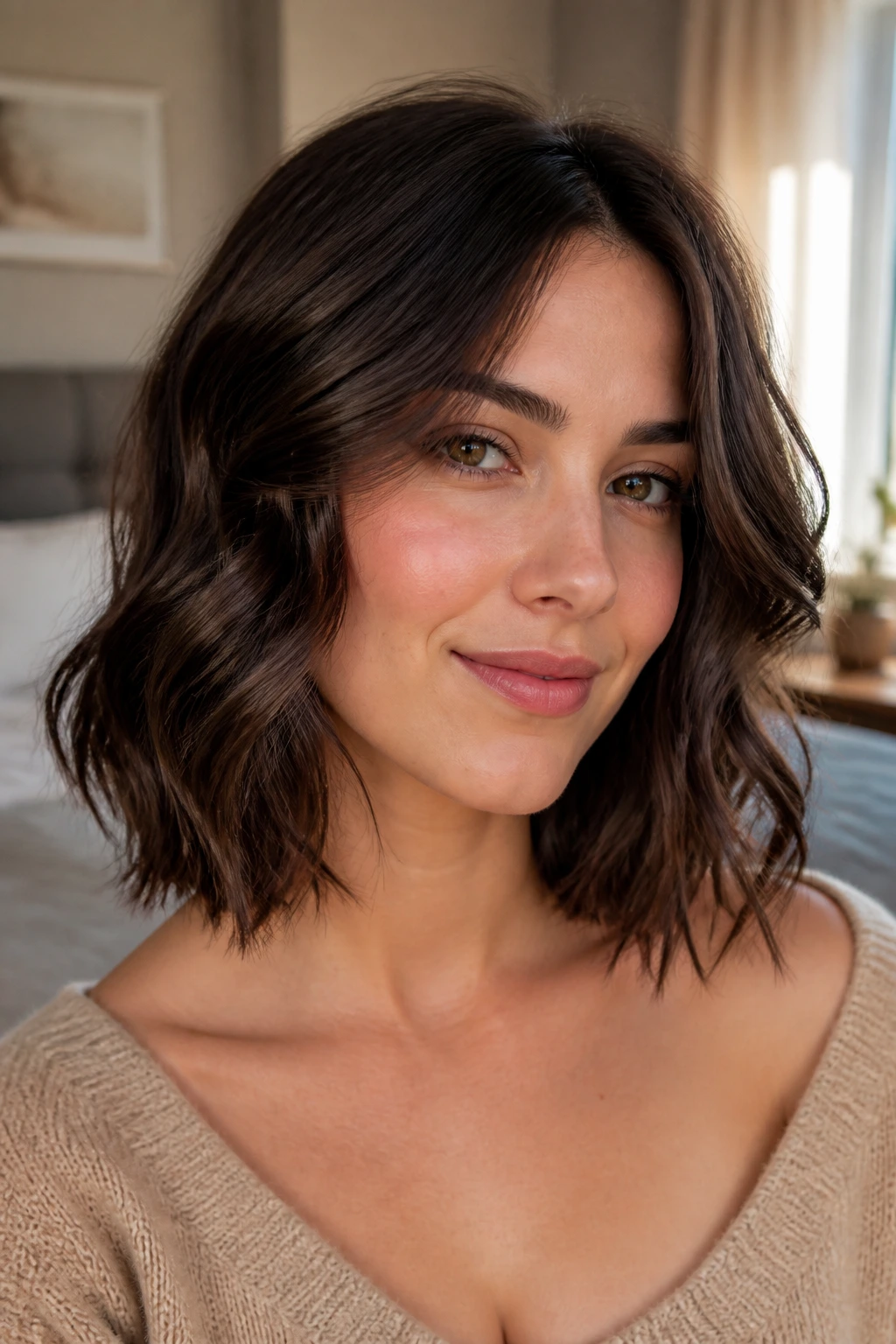 Close-up of brunette with shoulder-skimming bob and loose waves in warm window light