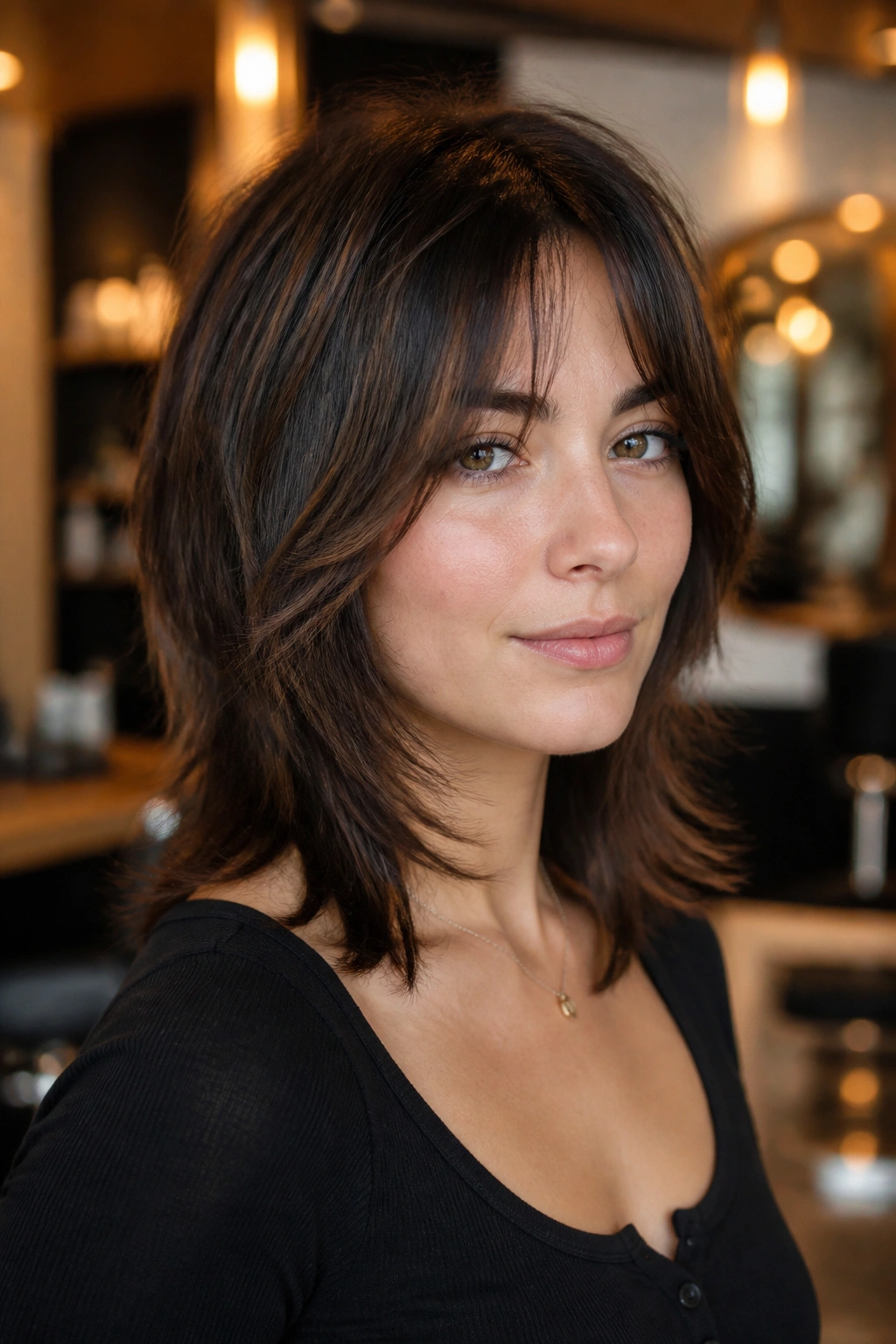 Close-up portrait of a real woman with shoulder-skimming wolf cut and tapered cheeks in a warm salon setting