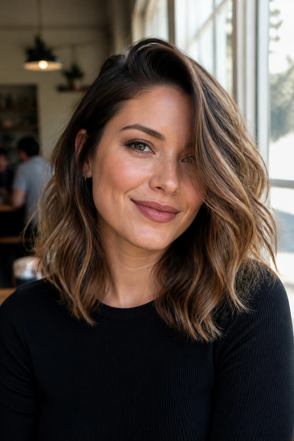 Portrait of a real woman with shoulder-length waves and a deep side sweep