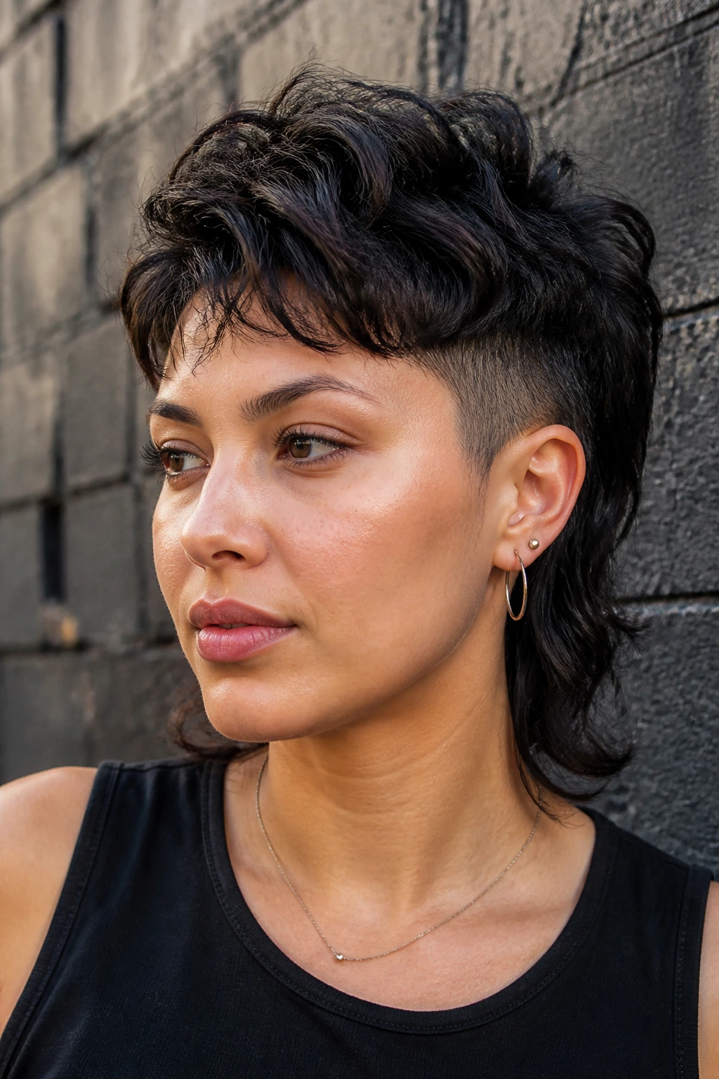 Profile/three-quarter view of real woman with shullet and soft undercut.