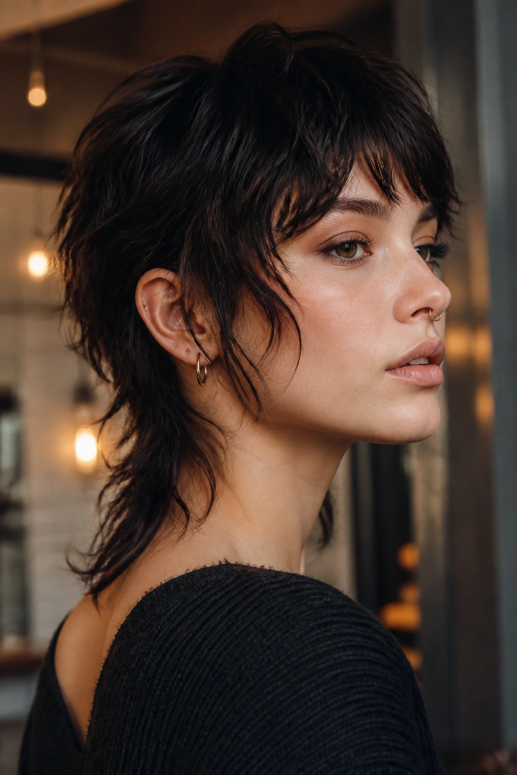 Close-up portrait of a real woman with a soft shullet and tapered nape