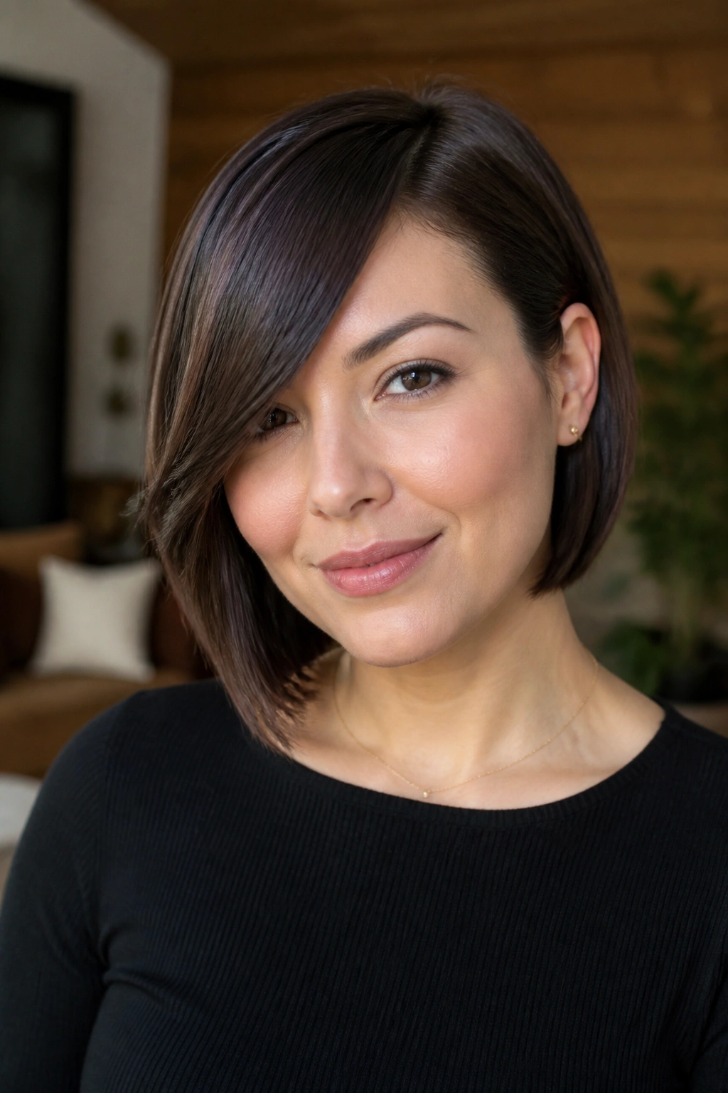 Close-up of real person with side bangs paired with a bob