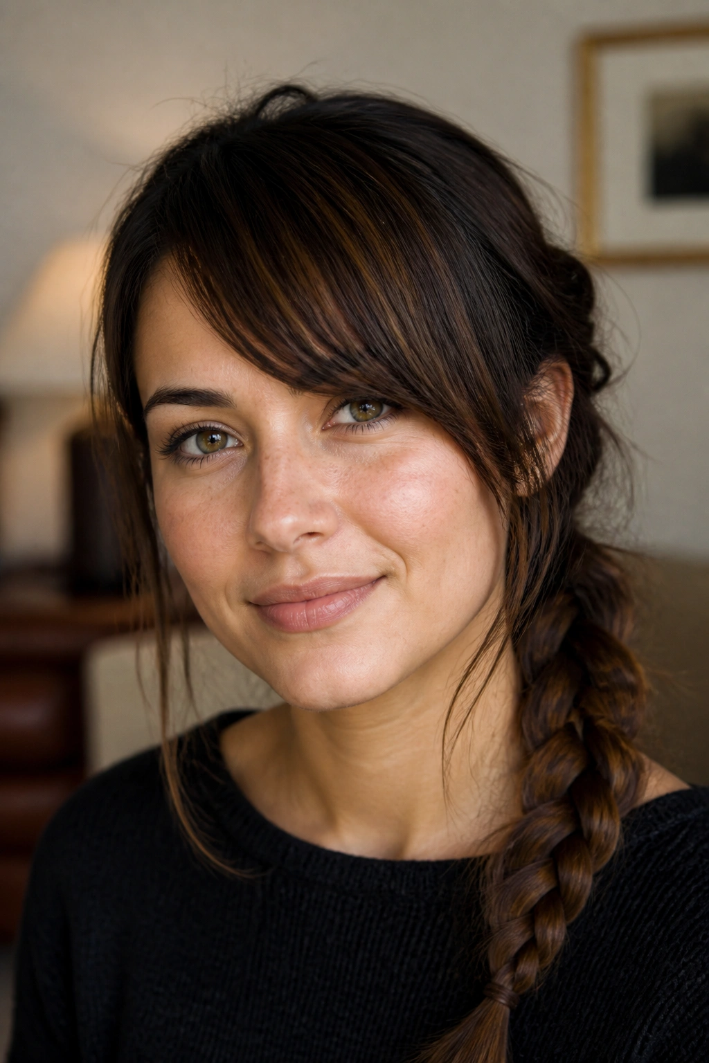 Portrait of a woman with side bangs and a loose braid in natural light.