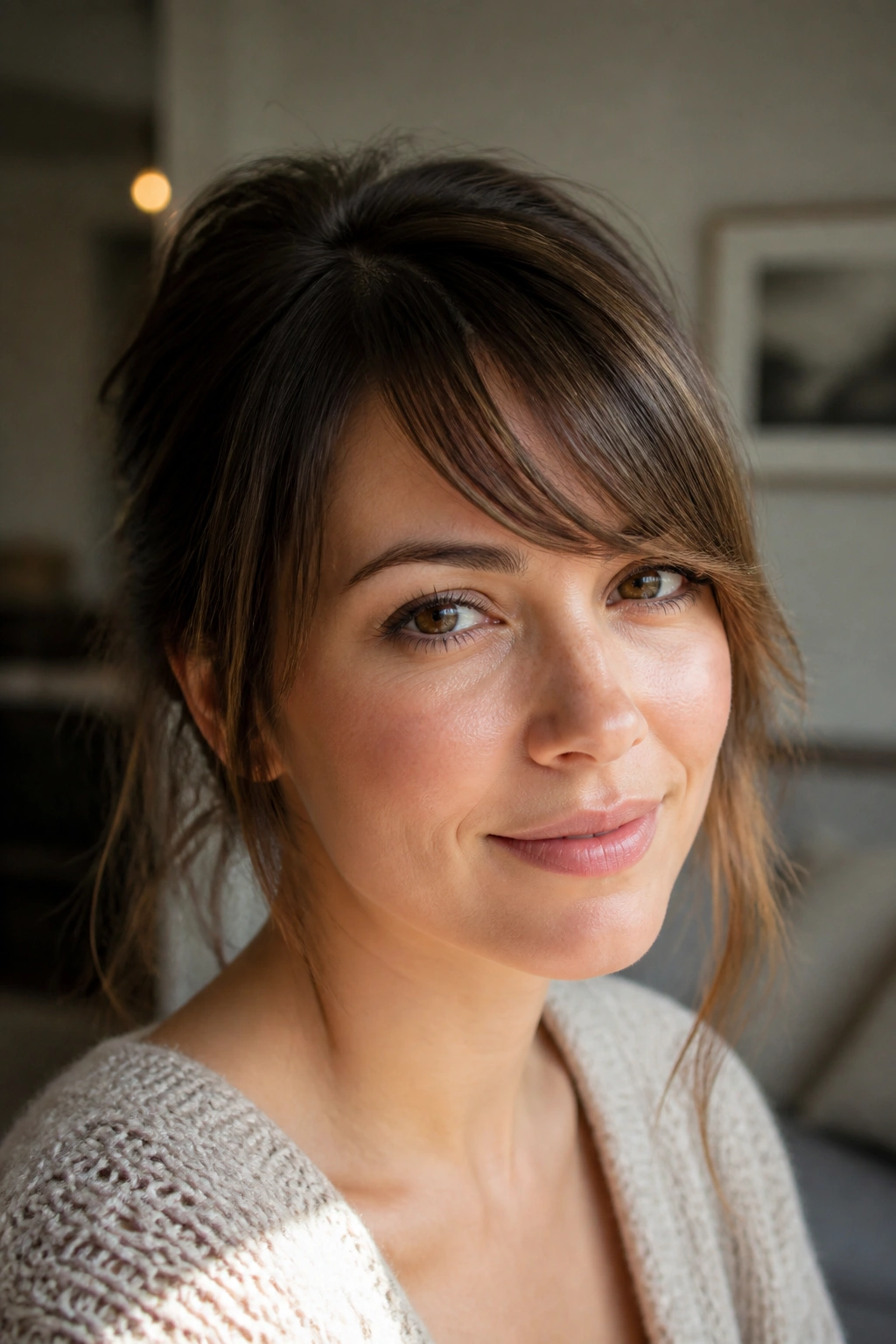 Close-up portrait showing diagonal soft side bangs balancing a high forehead and fuller cheeks
