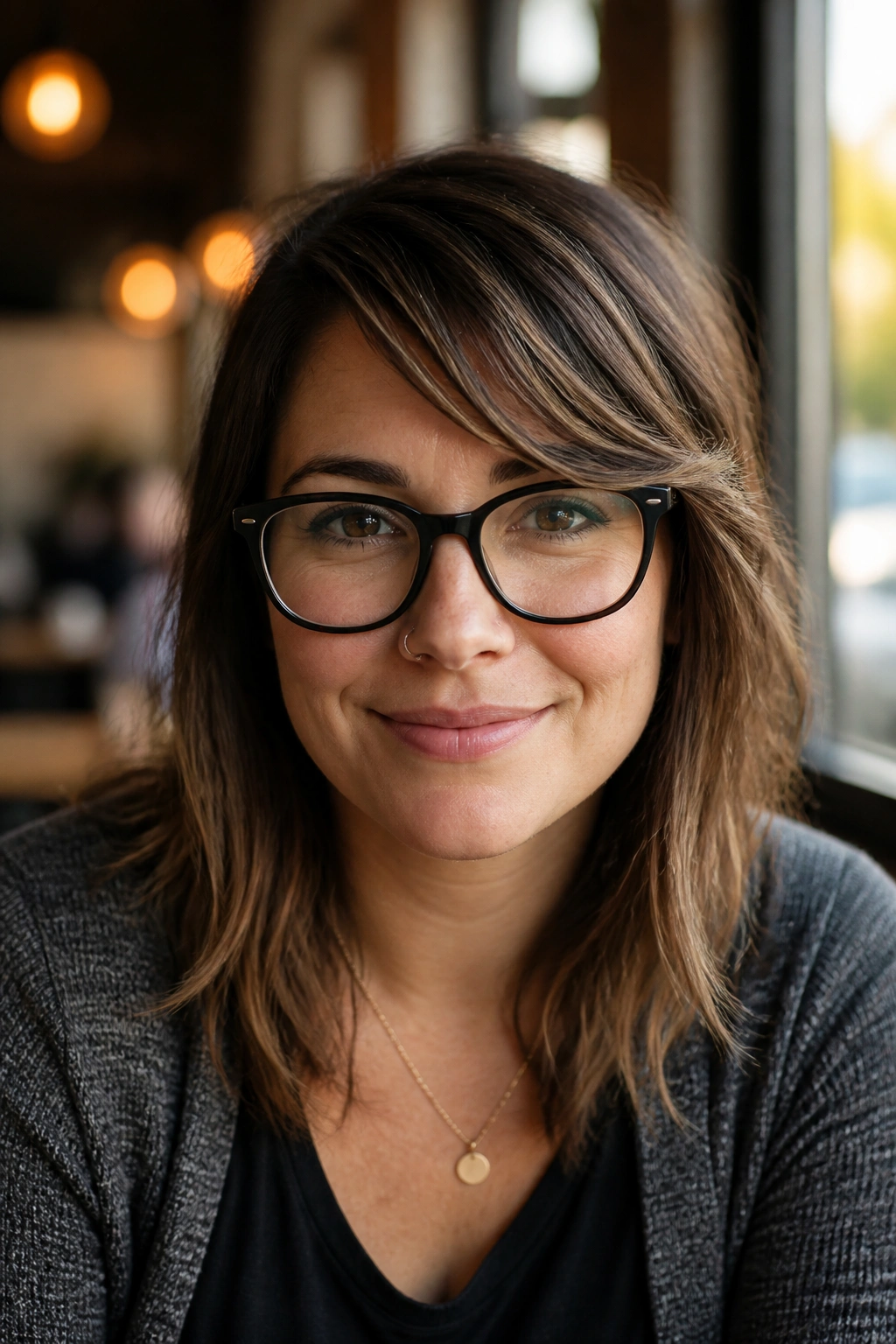 Close-up portrait of a real person with side-swept bangs clearing glasses, warm cafe window light