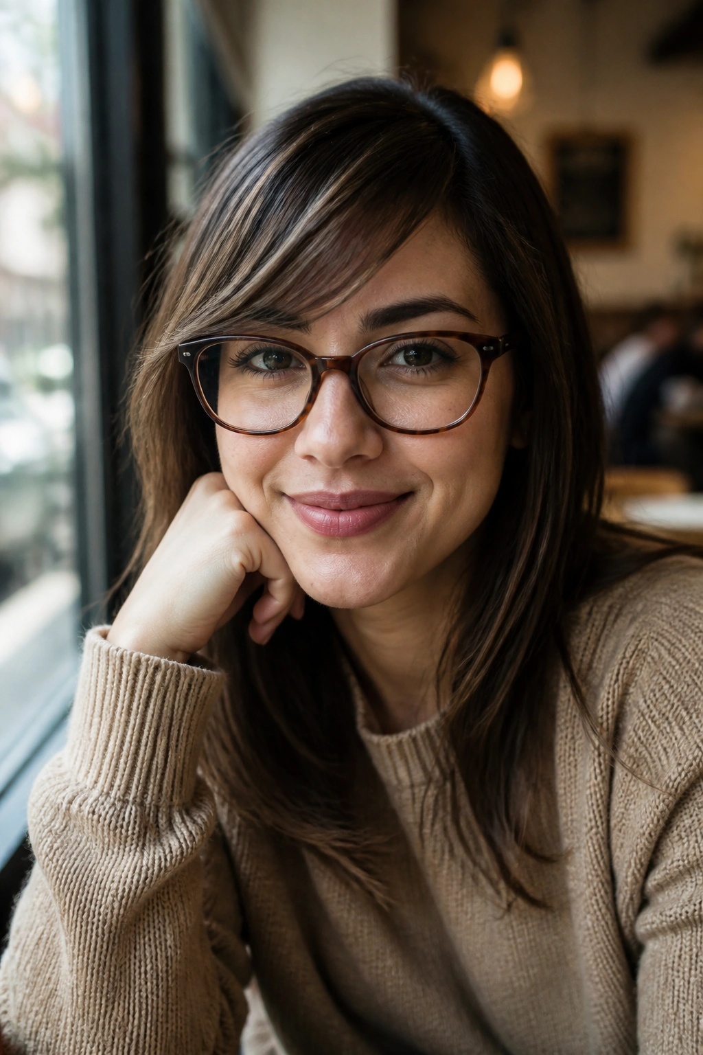 Close-up portrait of a woman with glasses and side-swept bangs that clear the frames