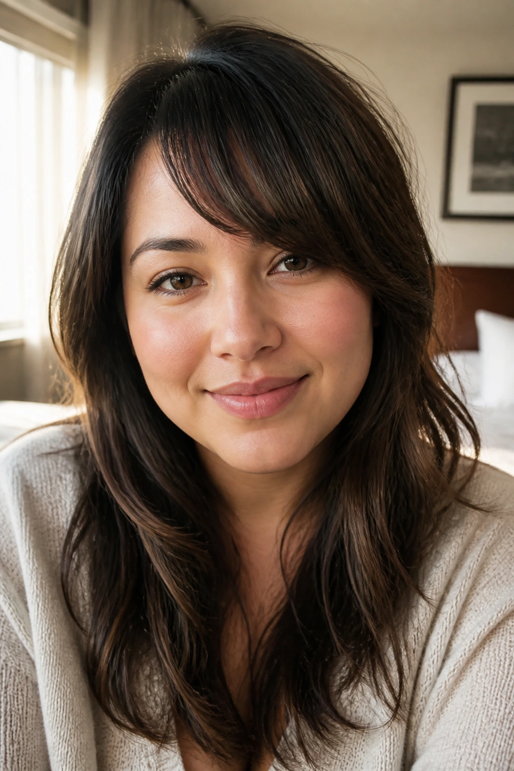 Close-up portrait of a real woman with grown-out side bangs sweeping diagonally across the forehead
