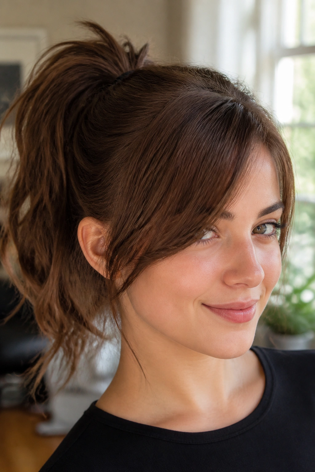 Portrait of a woman with side bangs and a high ponytail in natural window light.