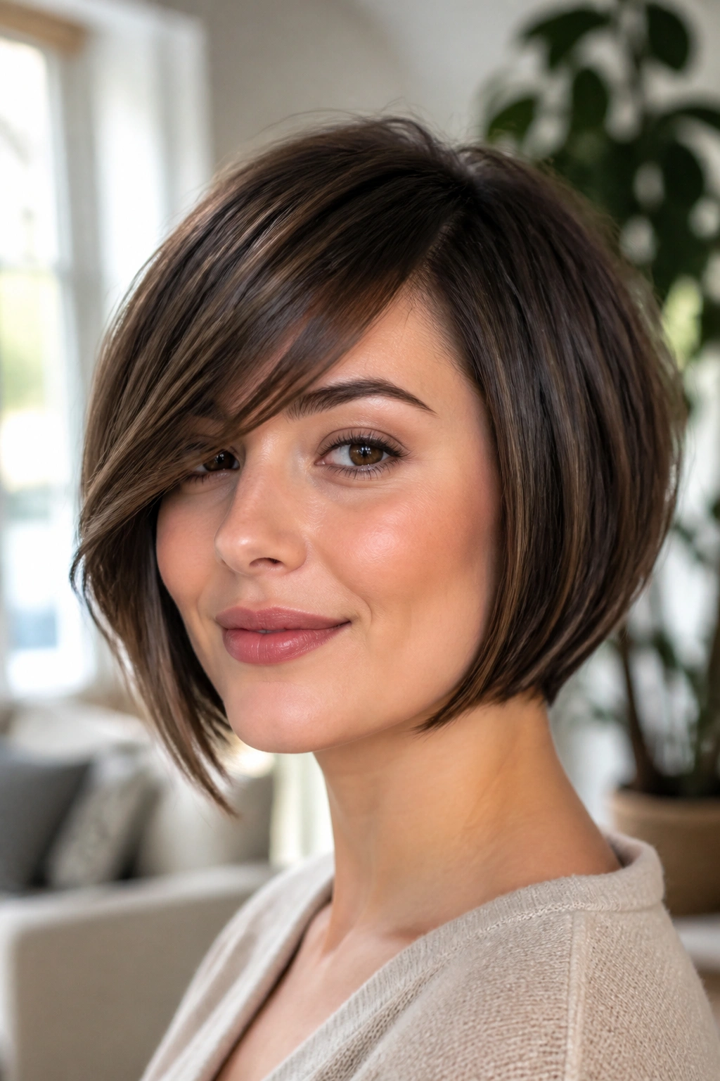 Portrait of a woman with diagonal side bangs in an inverted bob