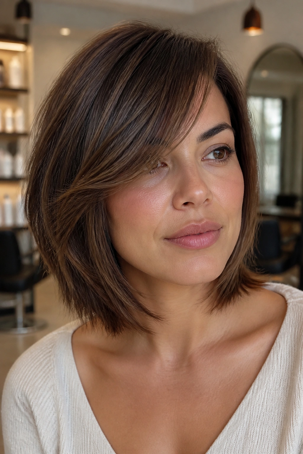 Portrait of a real person with side-swept bangs flowing into a layered bob