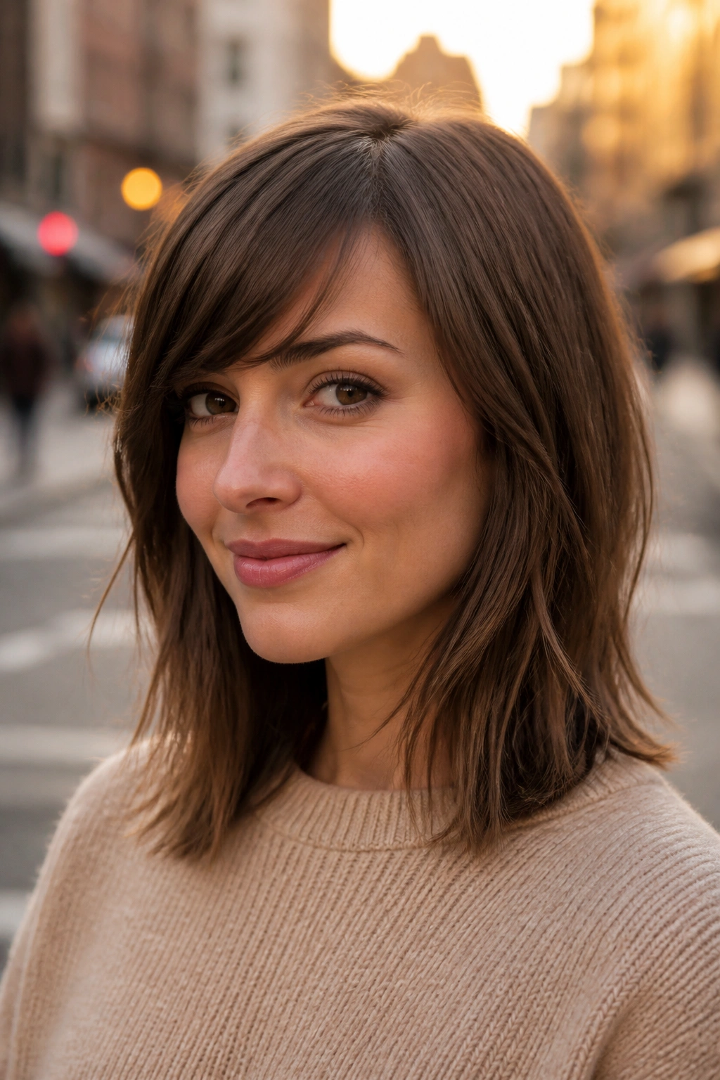 Close-up portrait of a real woman with side bangs and shoulder-length lob