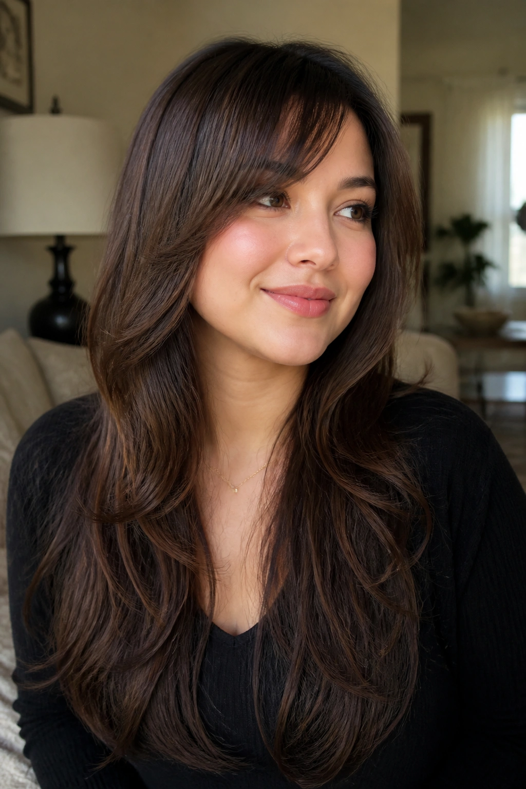Portrait of a person with long hair and front layers framing the face