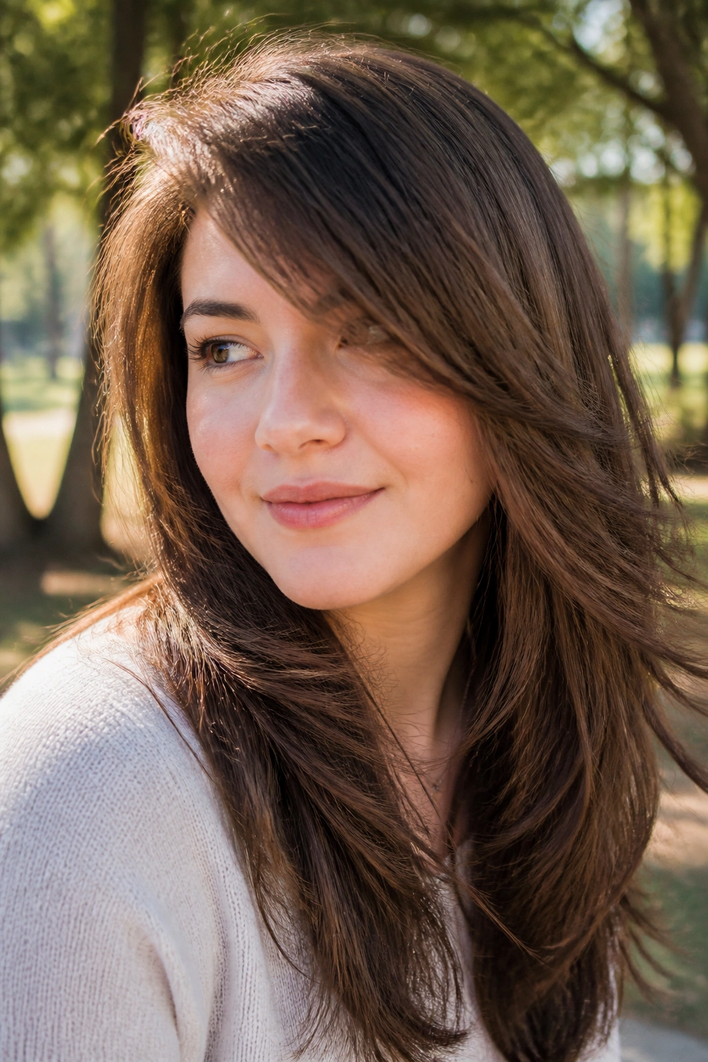 Close-up portrait of a real woman with side bangs and long layers