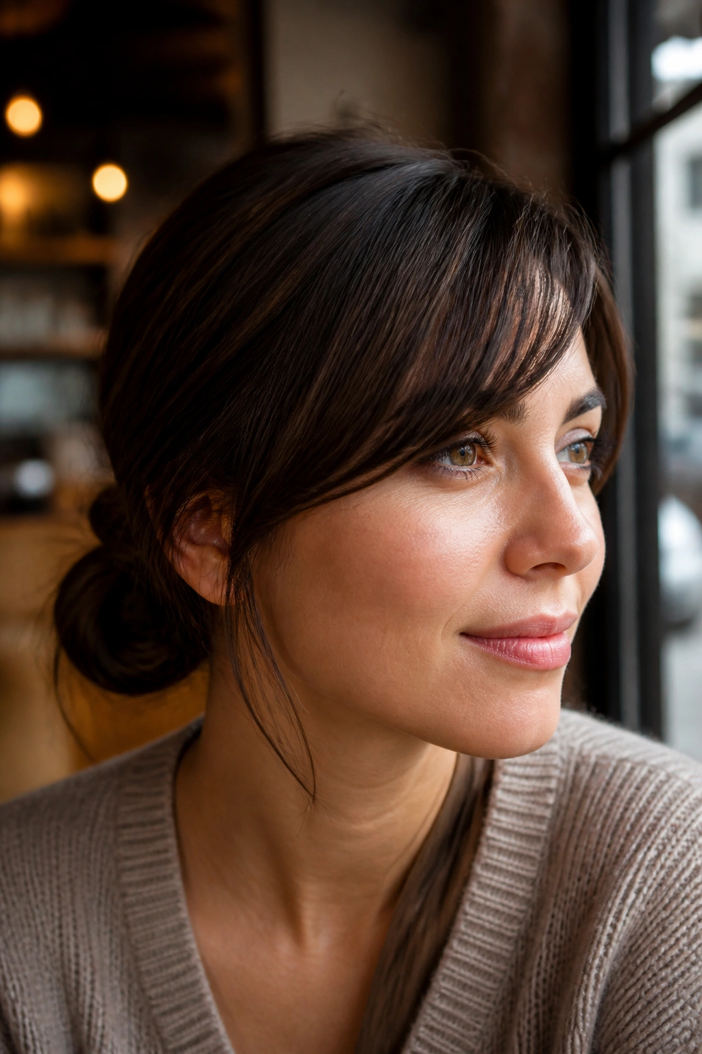 Portrait of a woman with side bangs and a low bun at the nape in warm light.