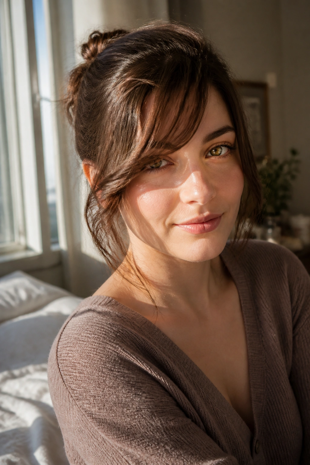 Portrait of a person with low-maintenance side bangs in a natural, casual morning setting