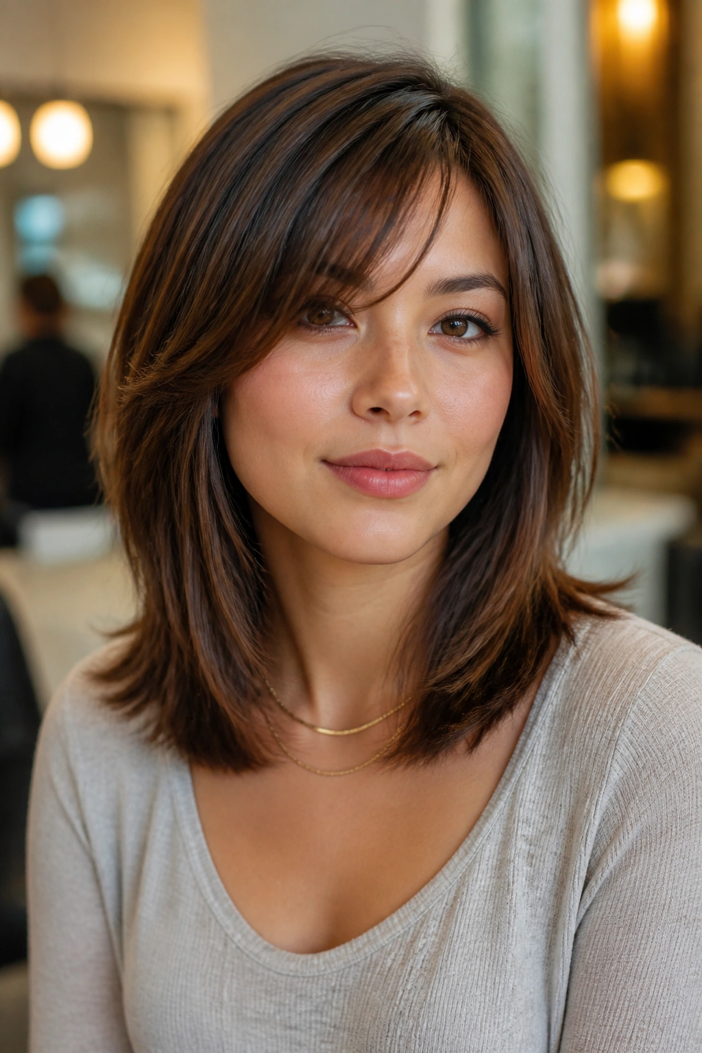 Portrait of a woman with side bangs blending into mid-length layers for a smooth silhouette