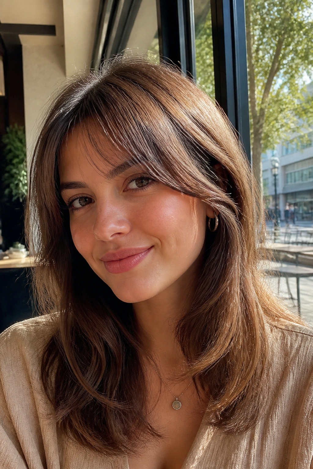Close-up of a real woman with rounded side bangs sweeping across the forehead
