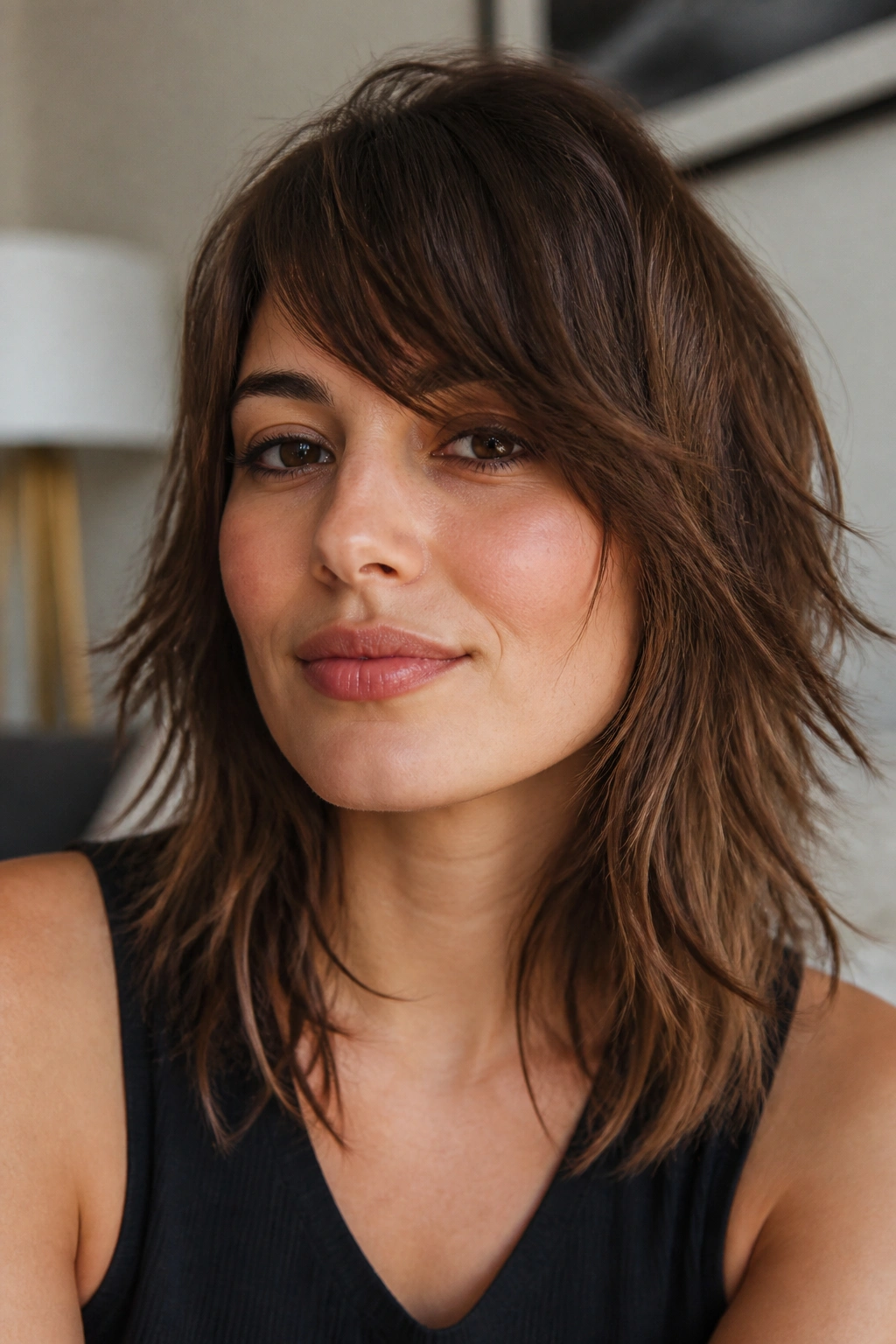 Close-up portrait of a real woman with side bangs on a shag cut in natural window light