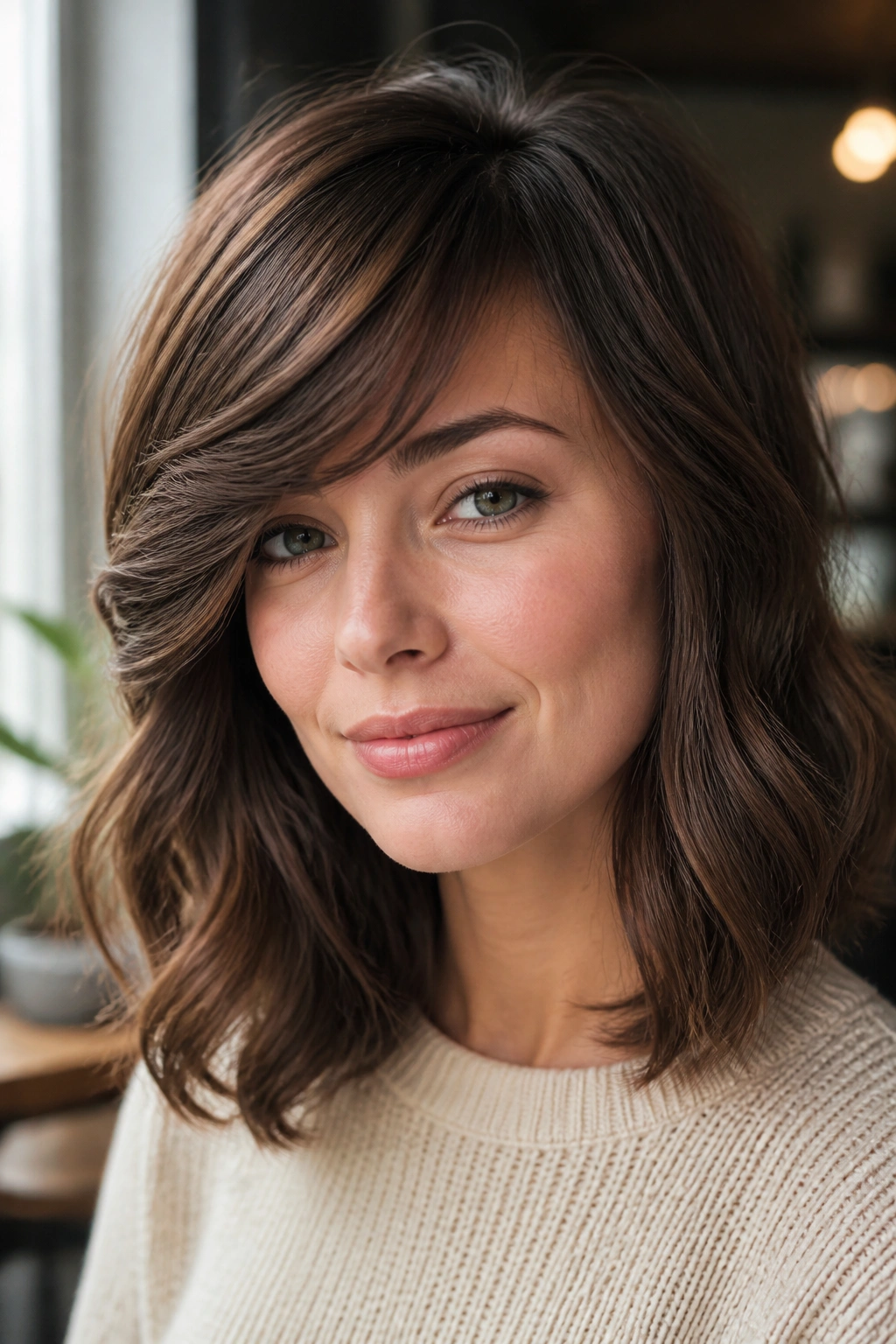 Real woman with side bangs featuring soft waves and a bent finish