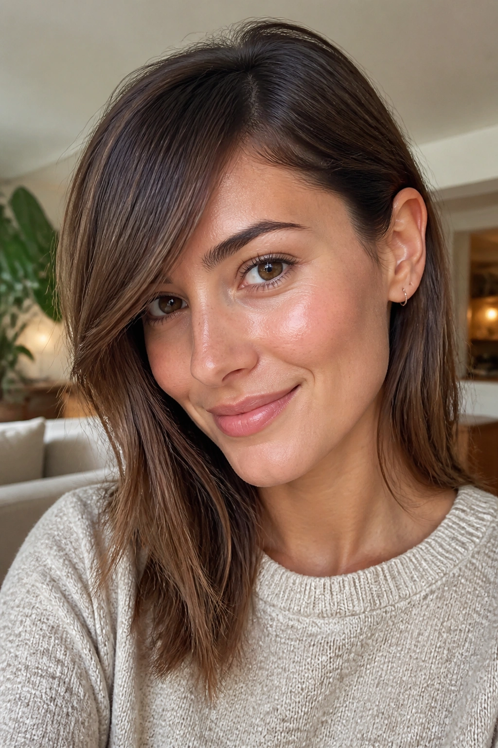 Real-woman close-up with side bangs tucked behind the ear showing open cheekbone area