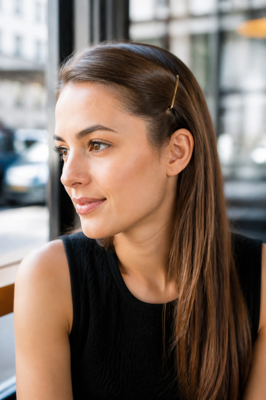 Close-up of a real person with hair swept to the side and a slim barrette securing it