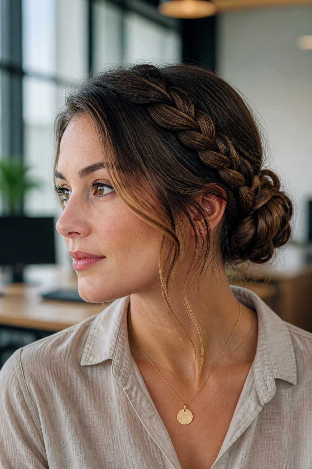Close-up of a real woman showing a side braid that becomes a bun.
