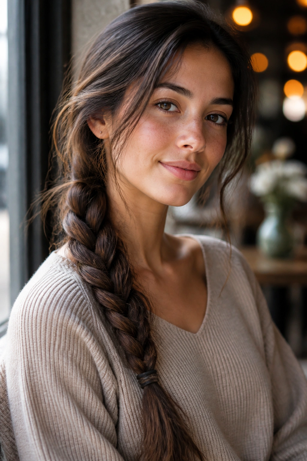 Close-up portrait of a real woman with a side braid over her shoulder