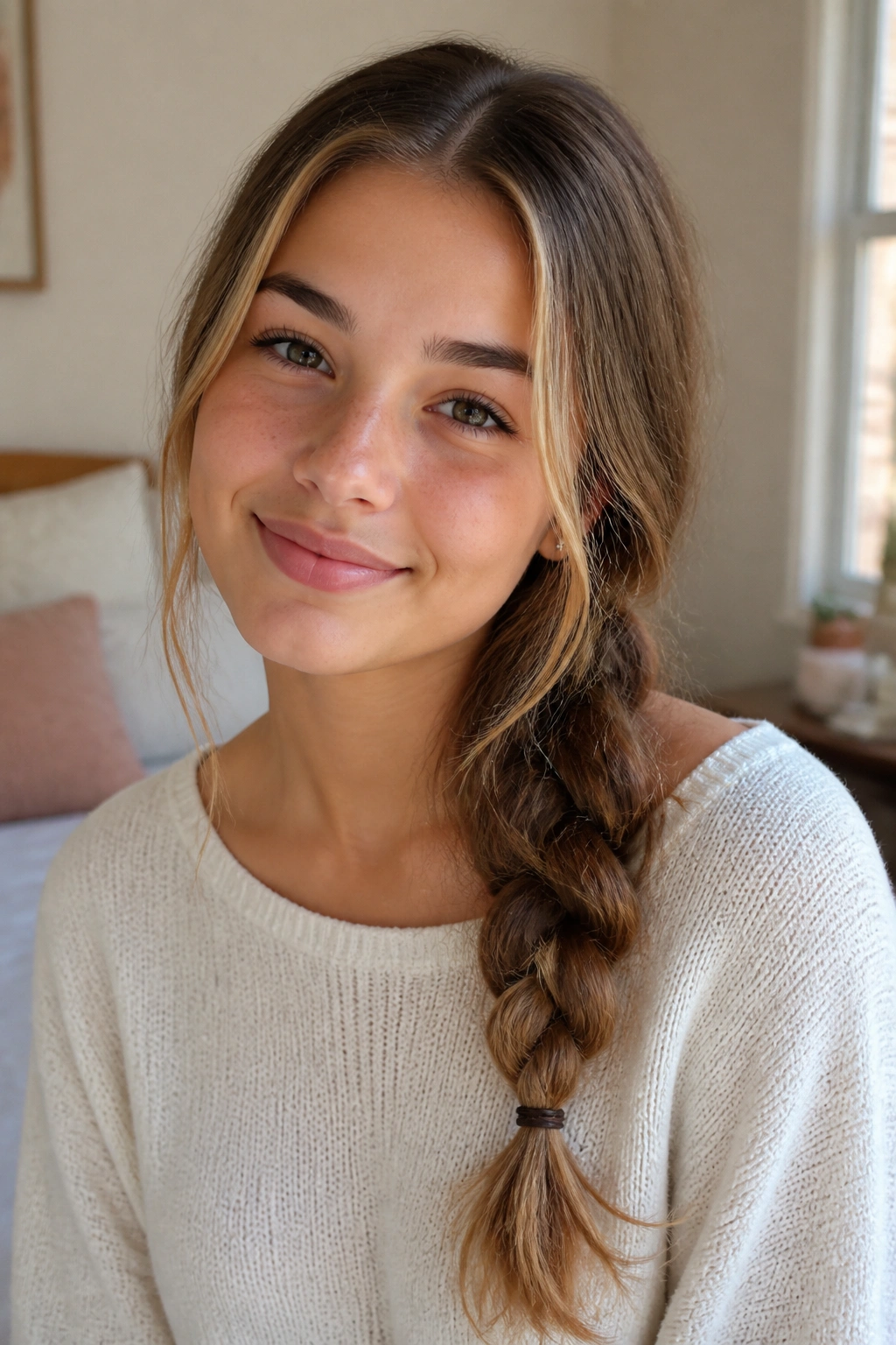 Close-up of a real person with a loose side braid over the shoulder.