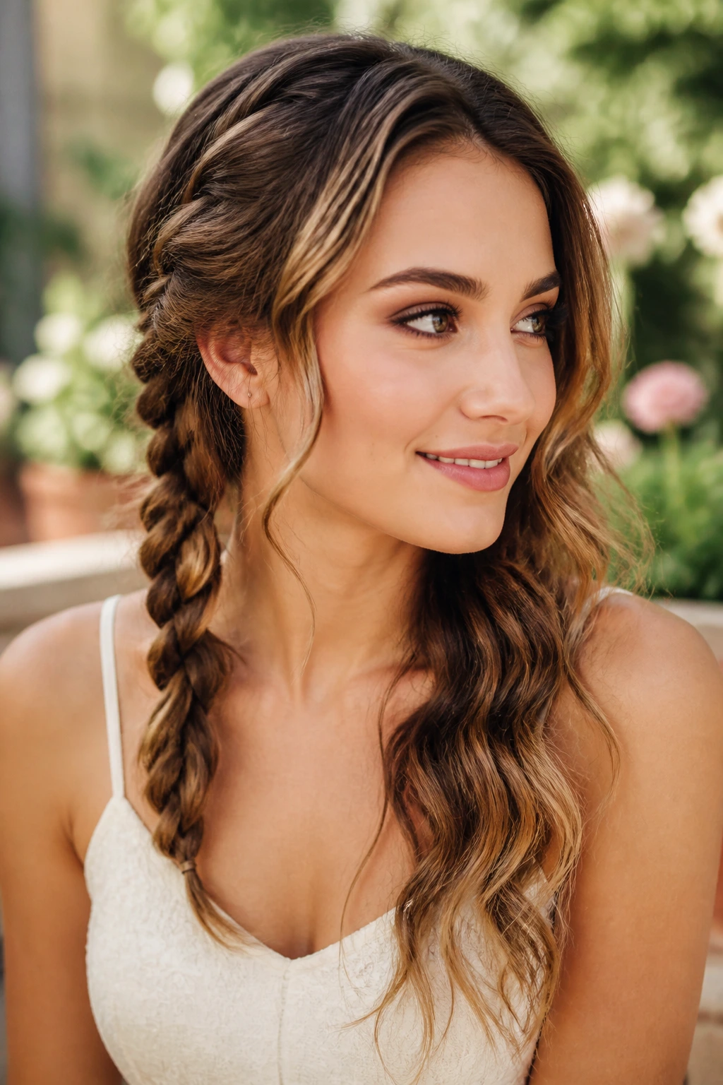 Close-up of a real person with a side braid and loose waves draping over one shoulder