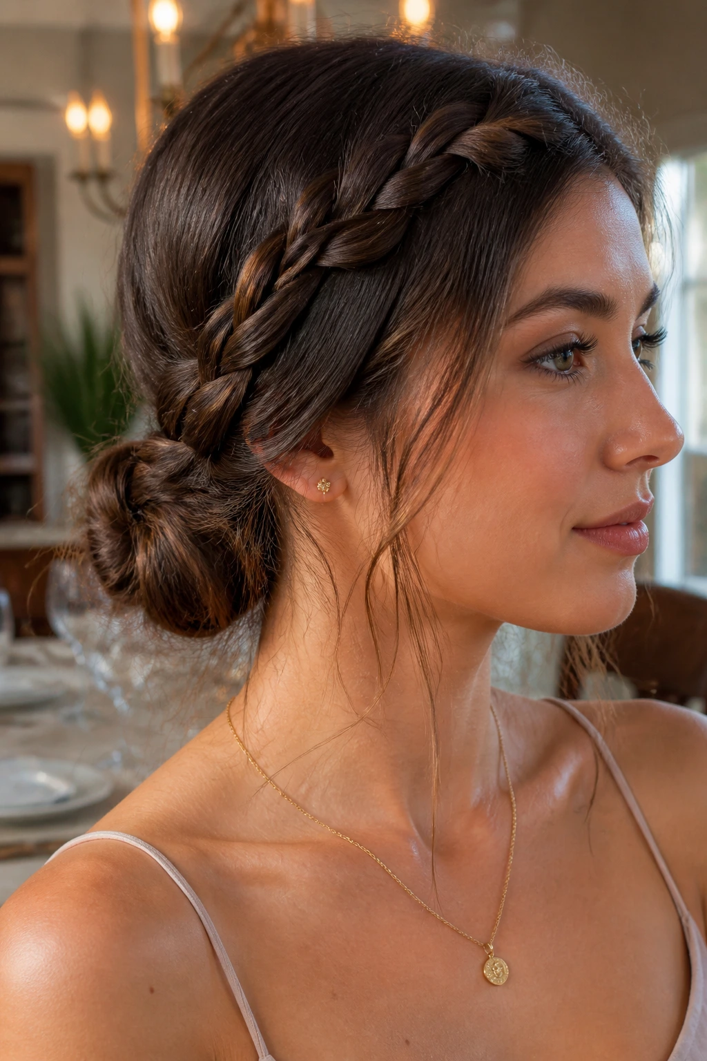 Close-up of a real woman with a side braid forming a low bun