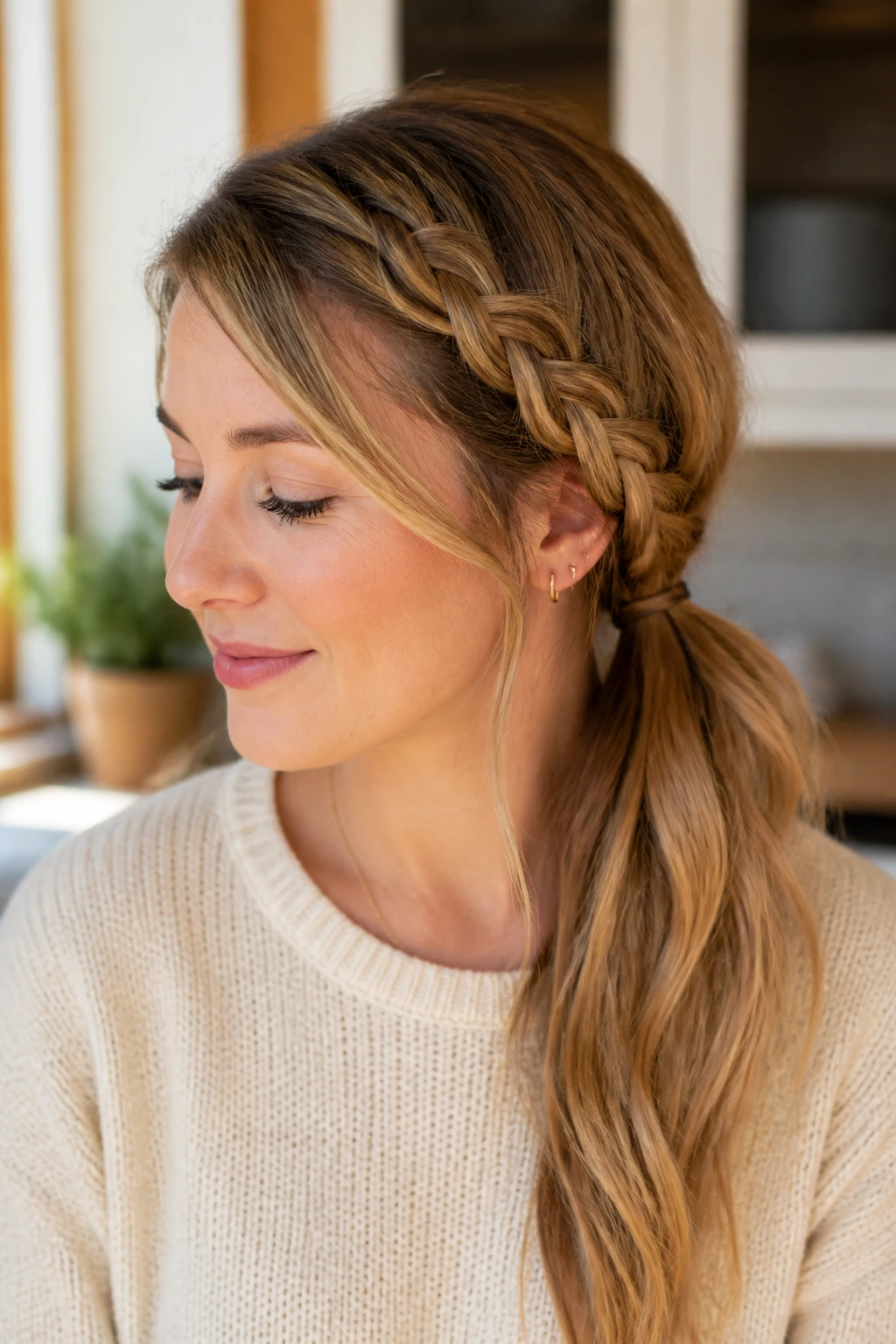 Close-up of a real woman with a side braid into a low ponytail