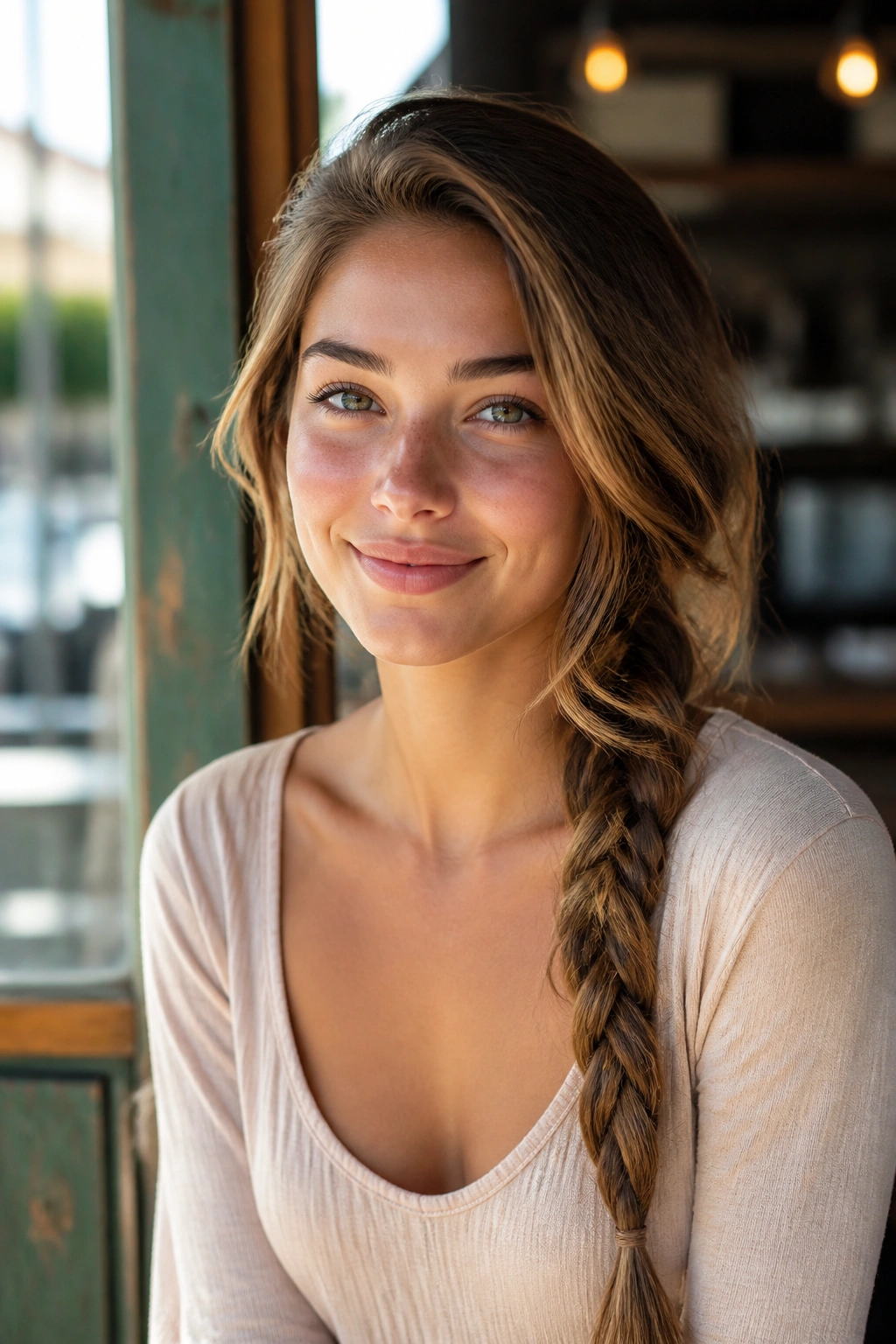 Close-up of a real woman with a side braid over her shoulder in cafe light