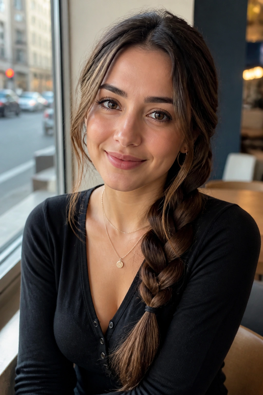 Close-up of a real woman with a side braid and soft face-framing pieces