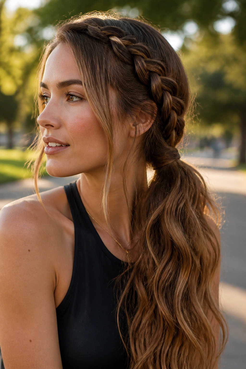 Close-up of a real woman with a side braid feeding into a long textured tail