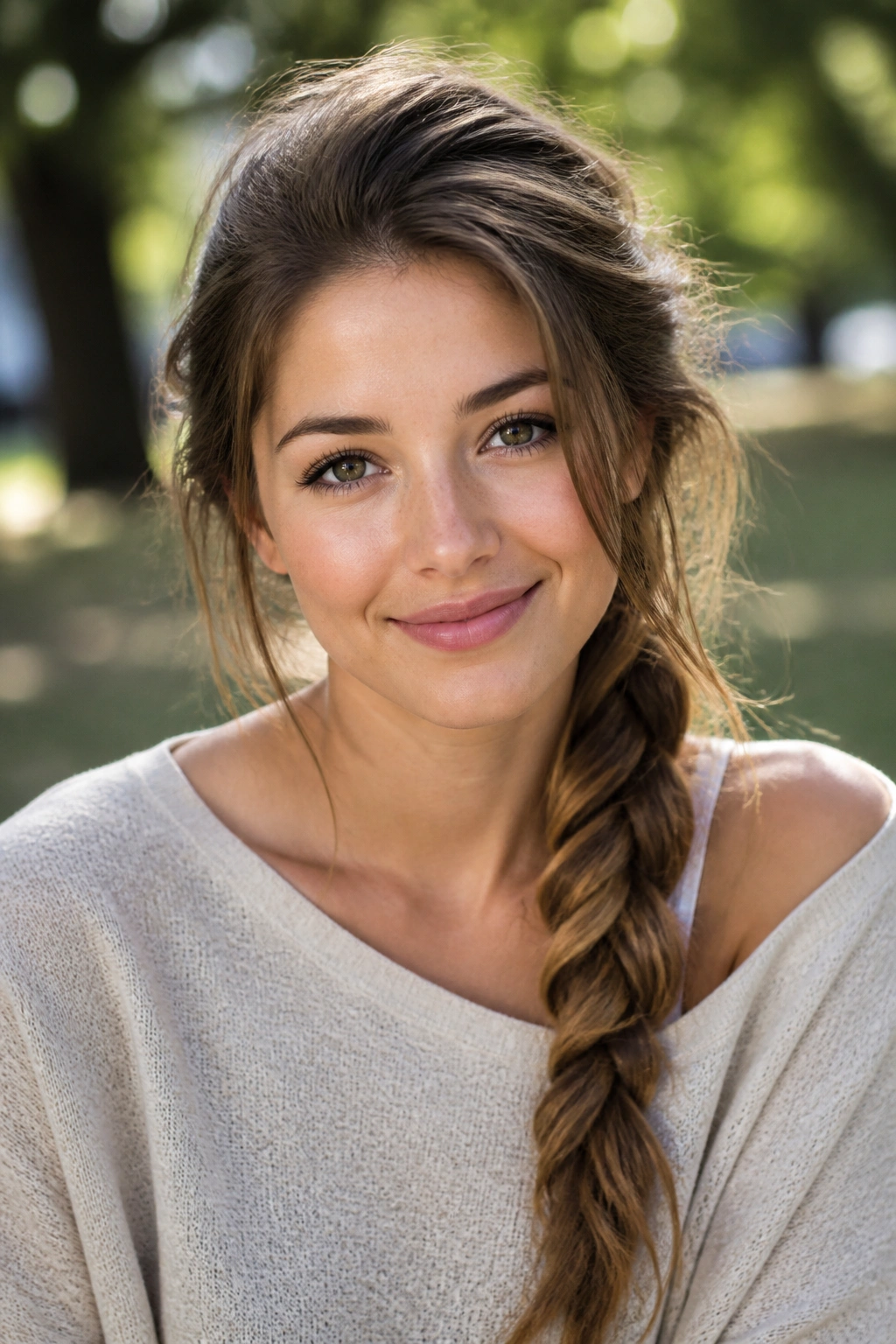 Real woman with a side braid and teased roots.