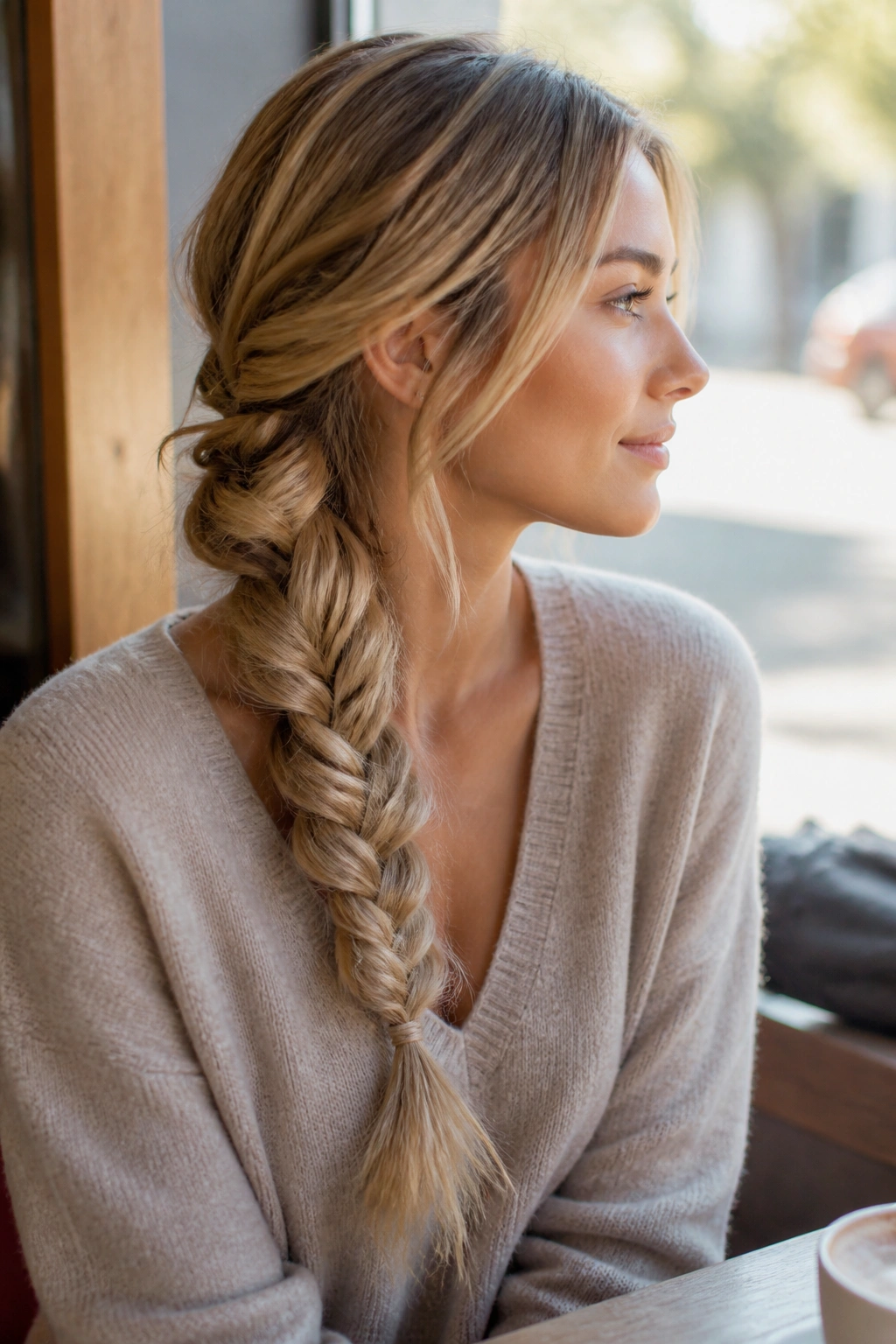 Profile of a woman with a loose side braid pulled apart for texture