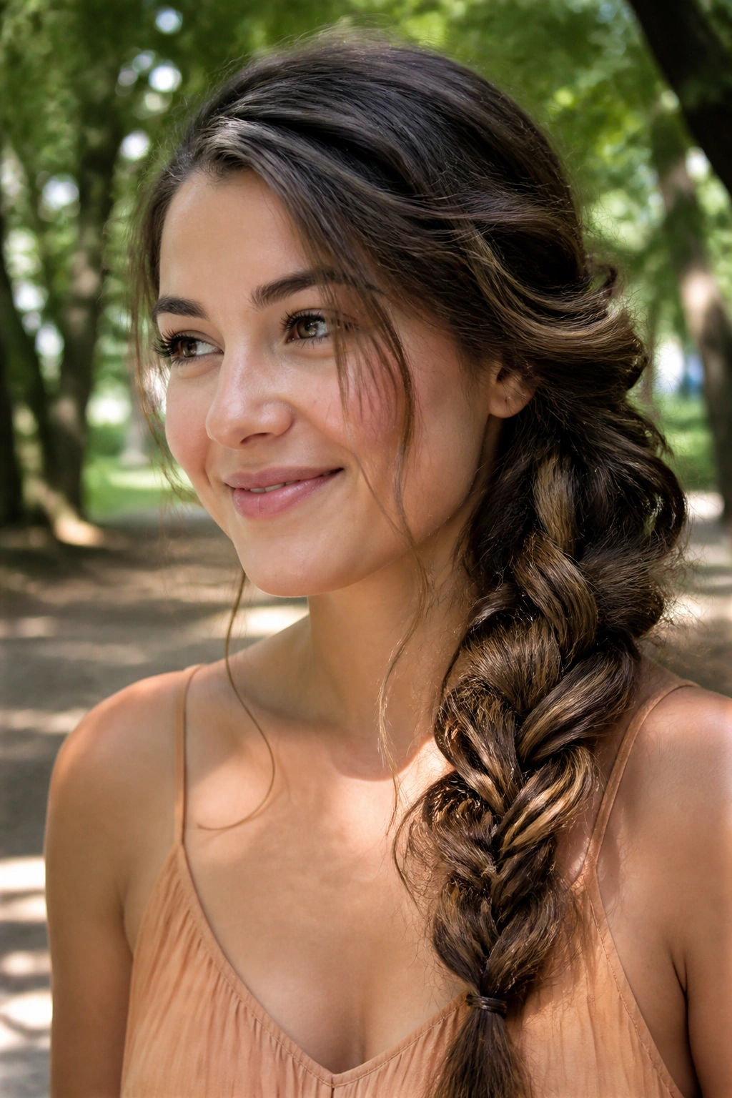 Close-up of a real woman with a textured side braid.