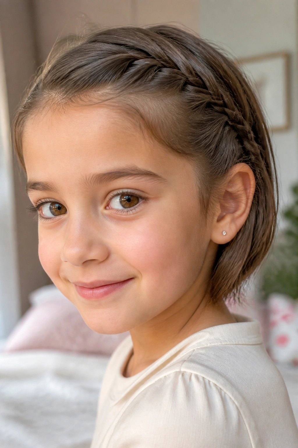 Close-up of a girl with a side braid tuck hairstyle.