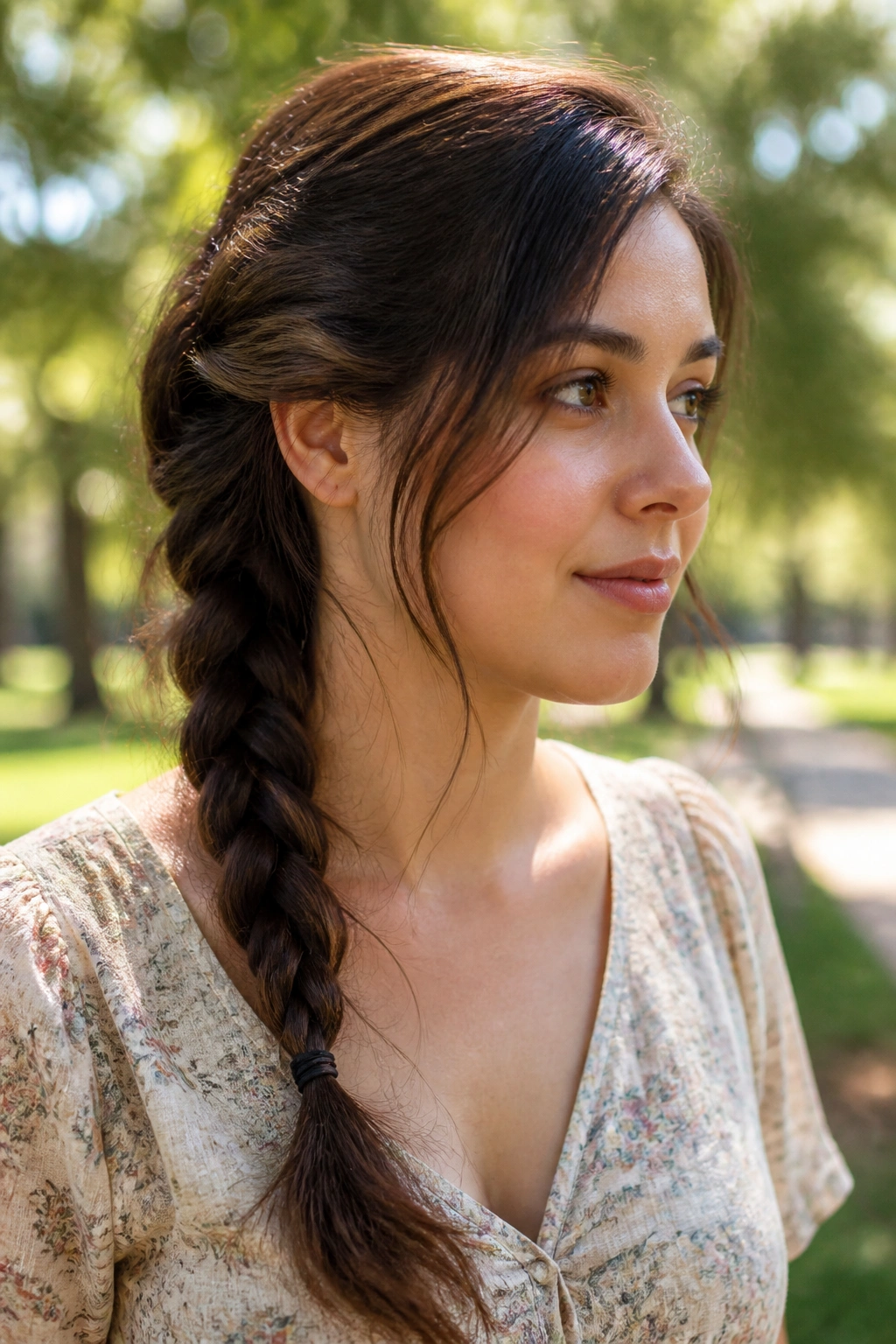 Close-up of a real person with a loose side braid and uneven finish outdoors