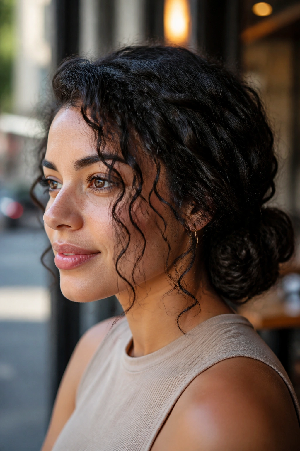 Close-up of a real person with a side bun and face-framing curls