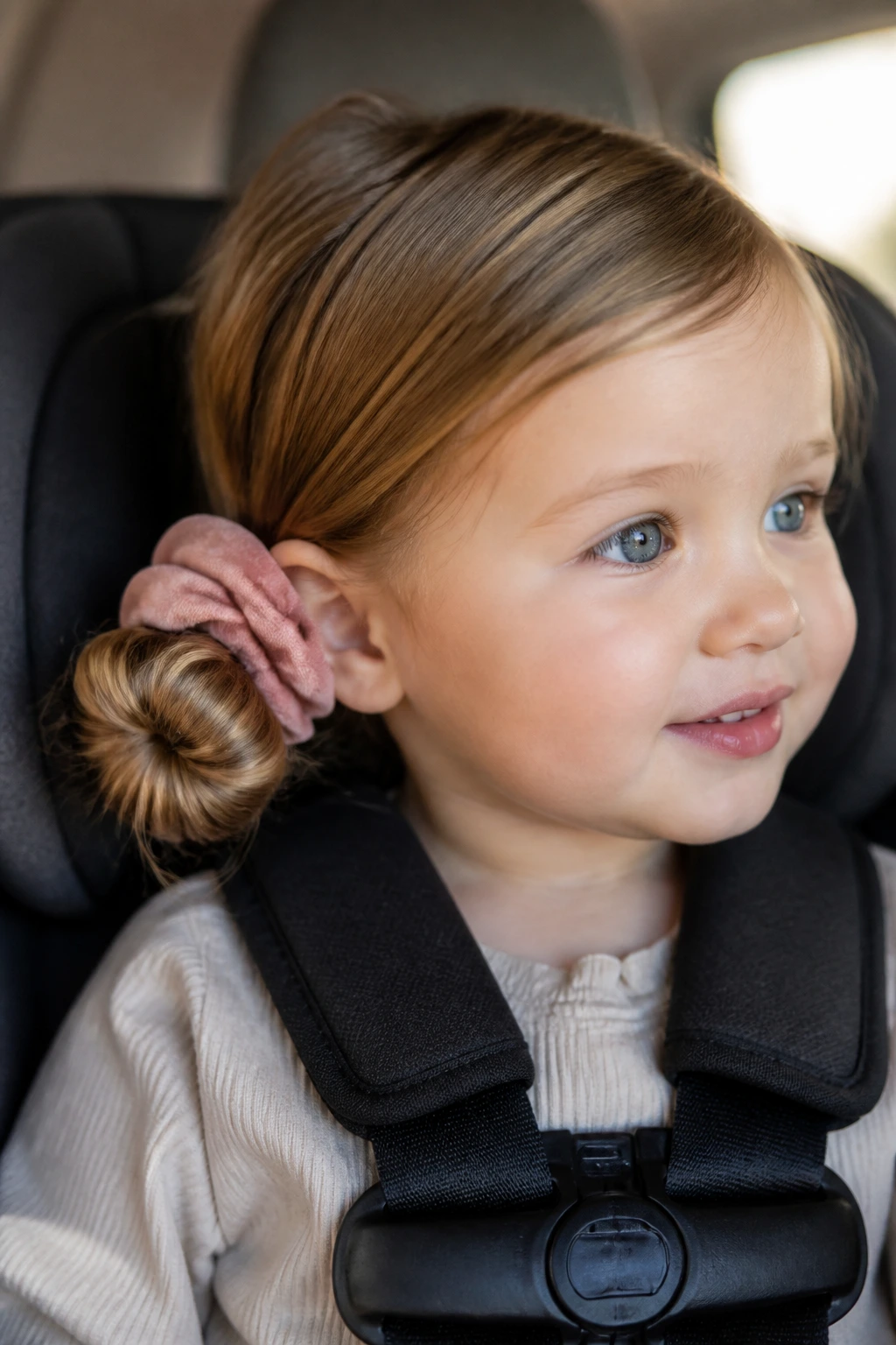 Close-up of a toddler's head in a car seat with a side bun and soft scrunchie