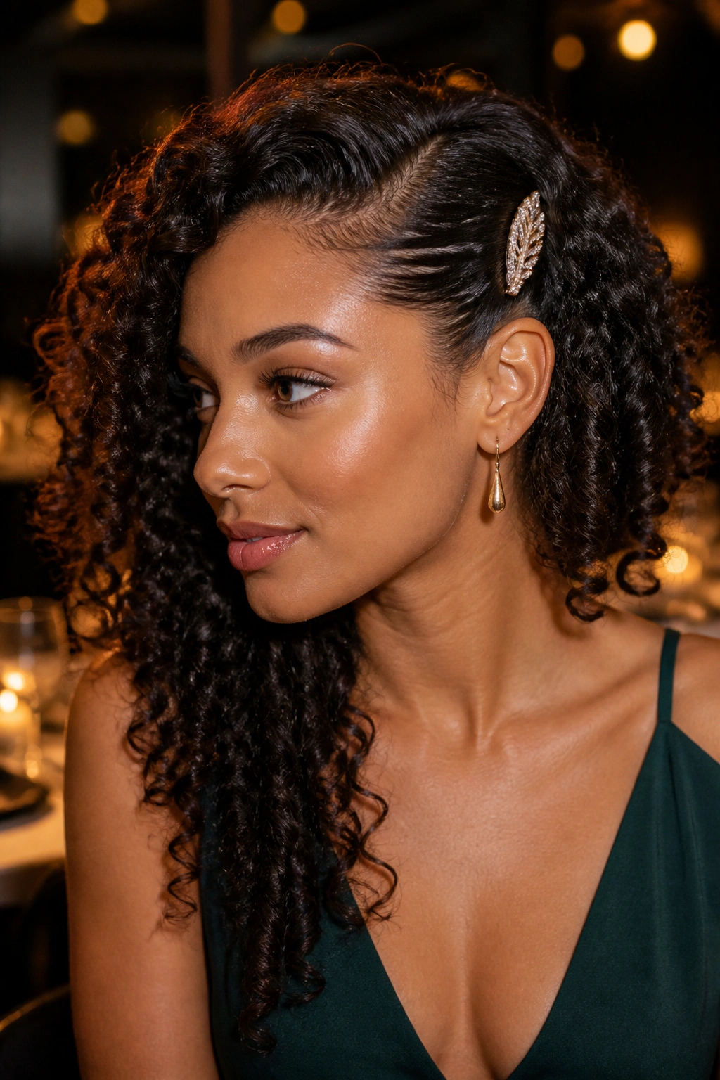 Close-up portrait with a strong side clip at the temple among curly hair in warm lighting