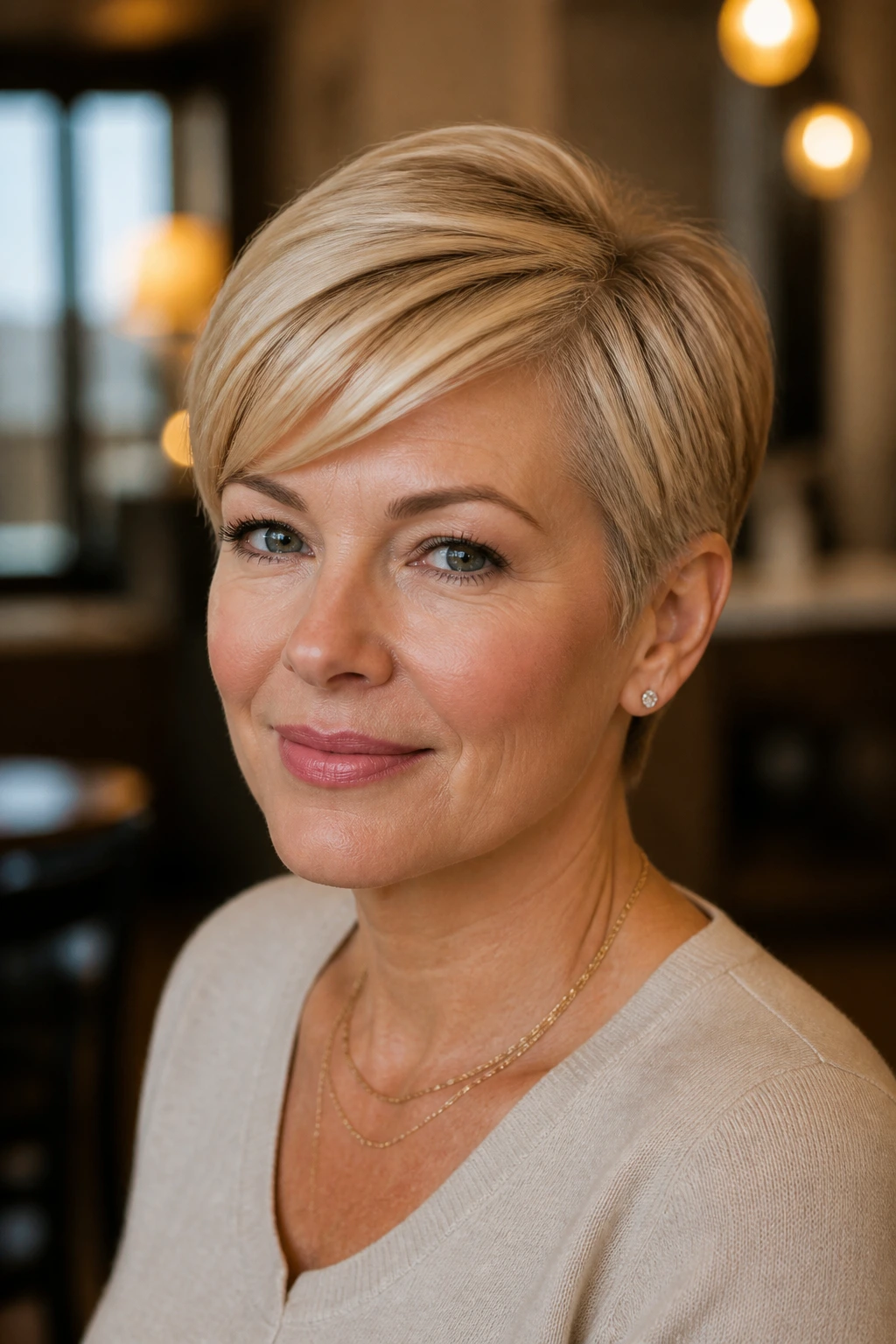 Close-up of a real woman with Sleek Side-Comb Pixie in beige gold.